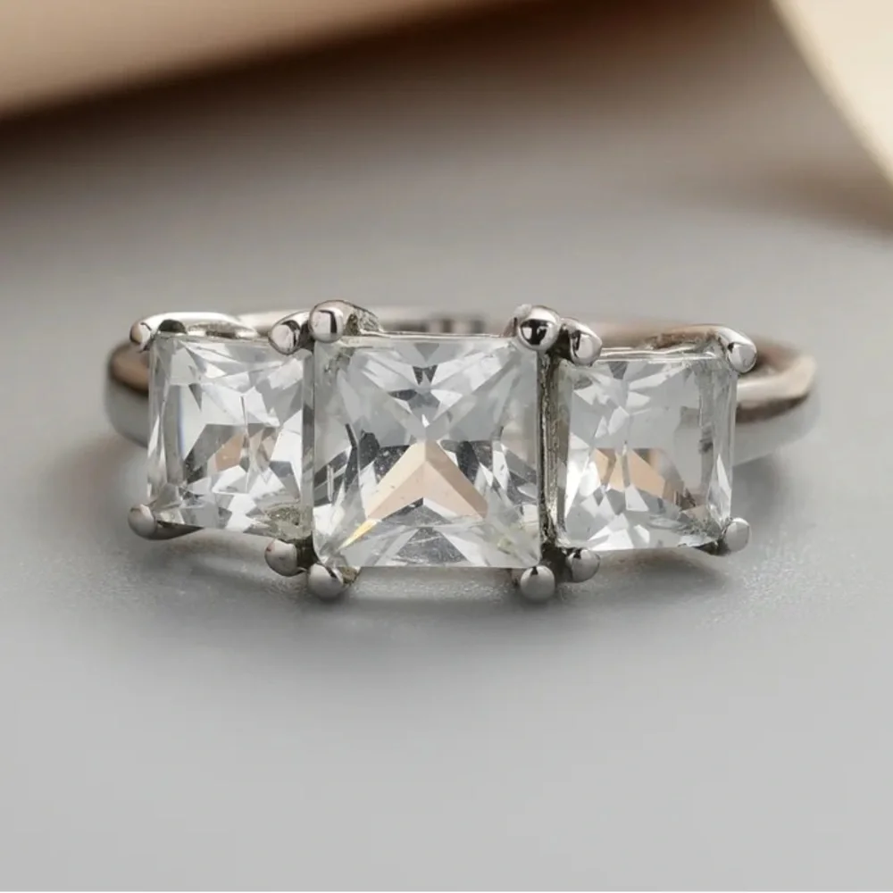 Princess Cut White Topaz 3 Stone Ring in Stainless Steel (Size 11) 3.10 carats